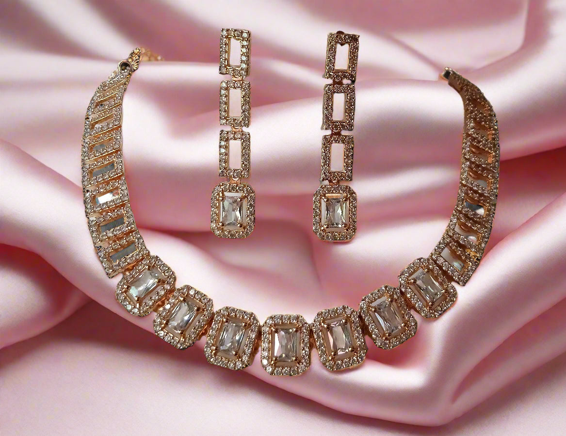 Rose Gold-Plated CZ studded Necklace and Earrings