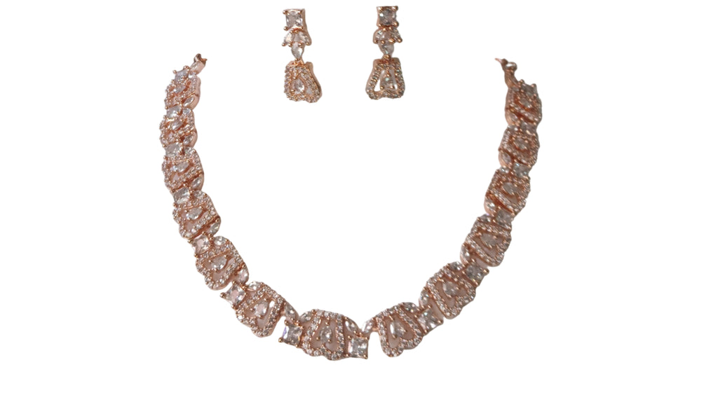 Rose Gold Necklace with white stones and Earring brass coated