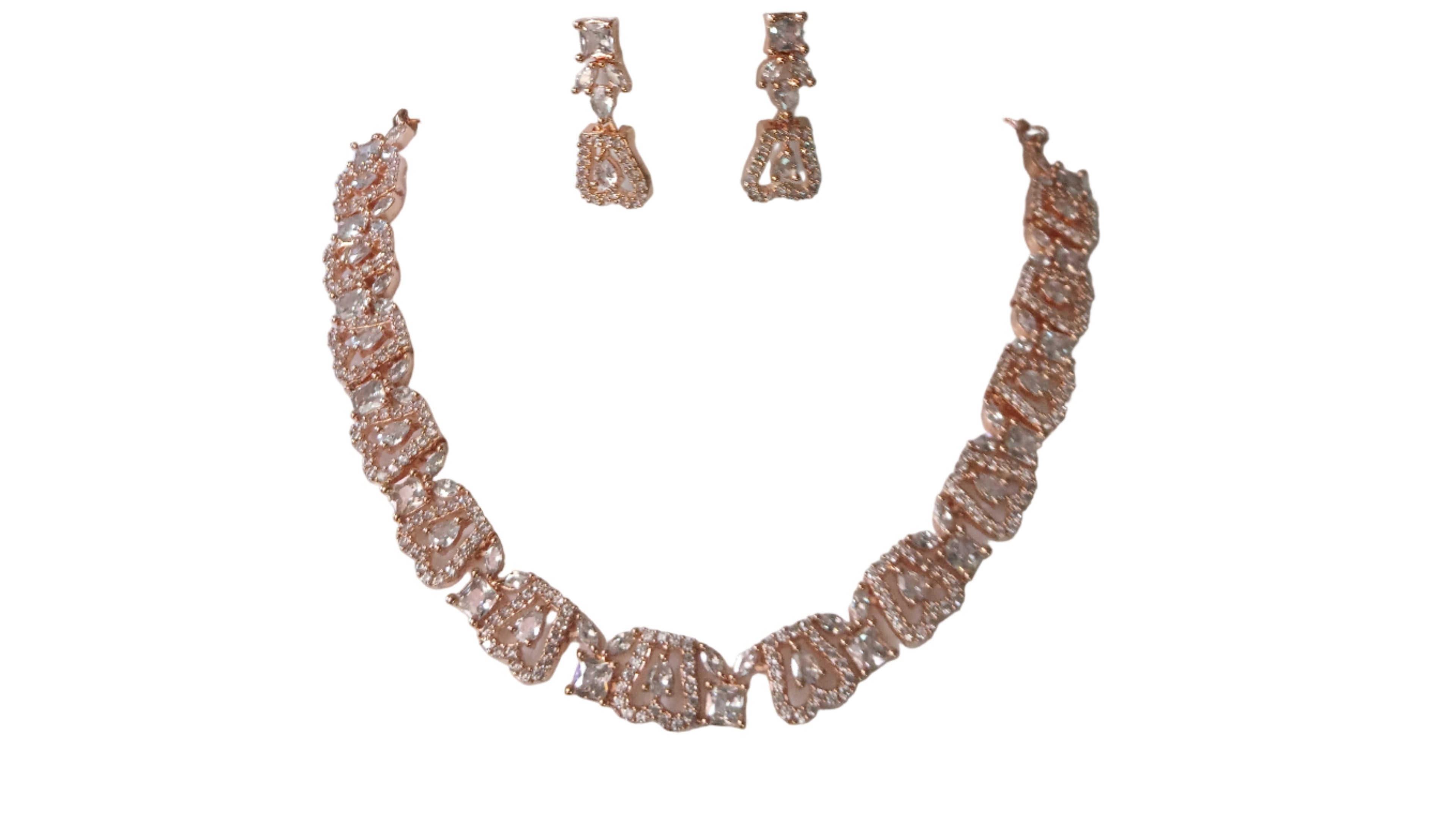 Rose Gold Necklace with white stones and Earring brass coated