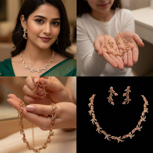 AD Stone Studded Necklace with Earring Rhodium Plated