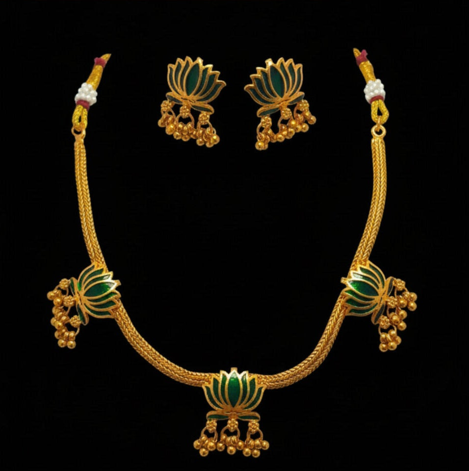 Lotus Floral Gold Plated Stylish Necklase with Earrings