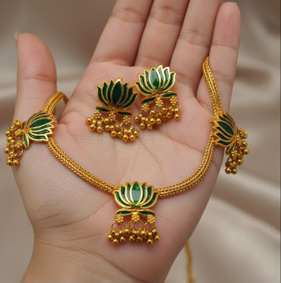 Lotus Floral Gold Plated Stylish Necklase with Earrings