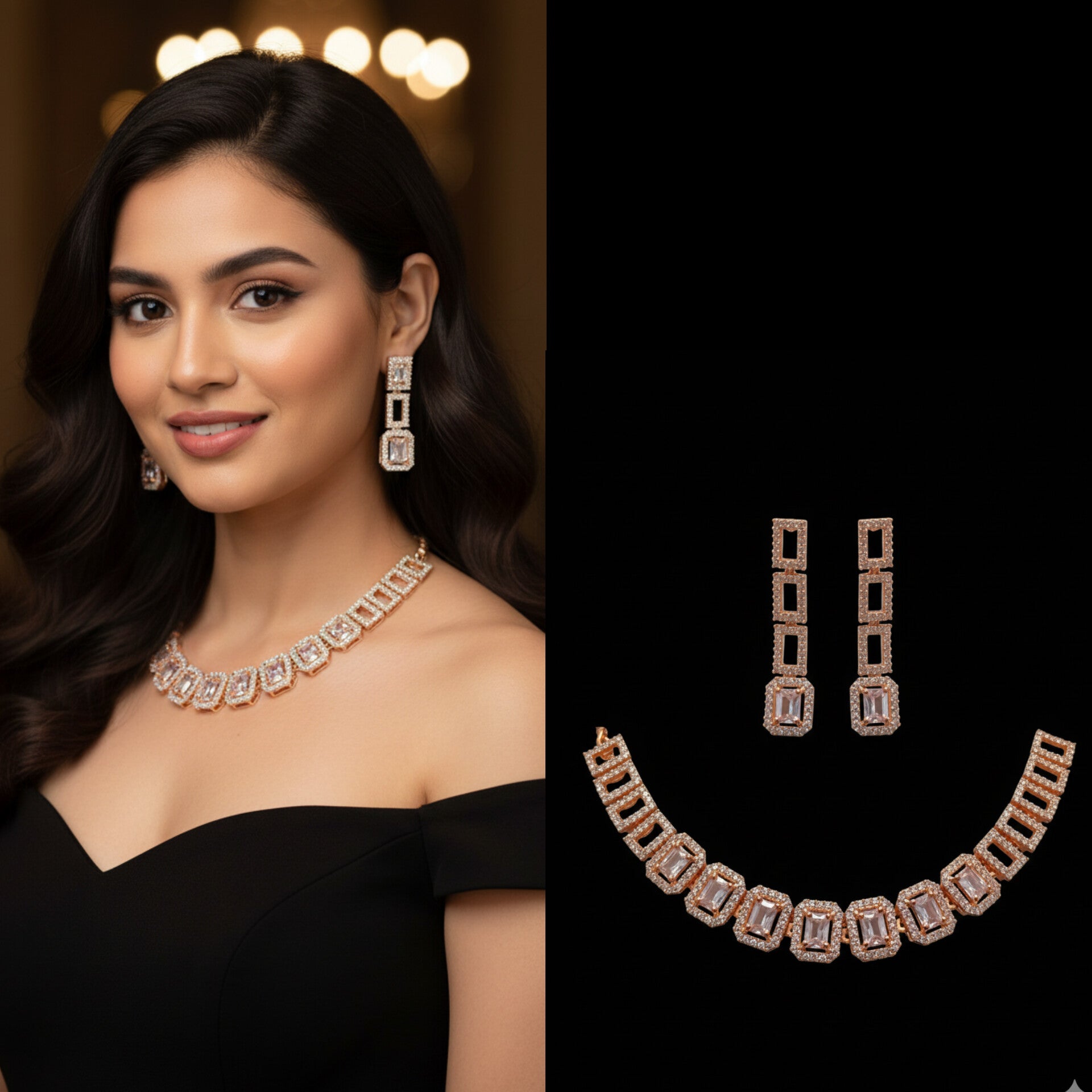 Rose Gold-Plated CZ studded Necklace and Earrings