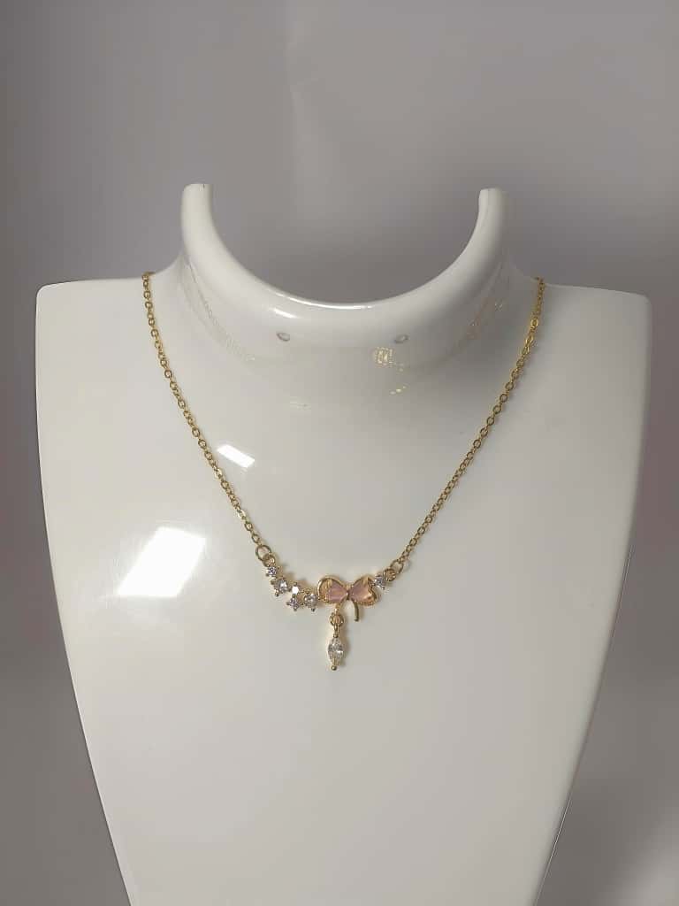 Golden Bow with Rose Hearts stones Anti Tarnish Pendant necklace