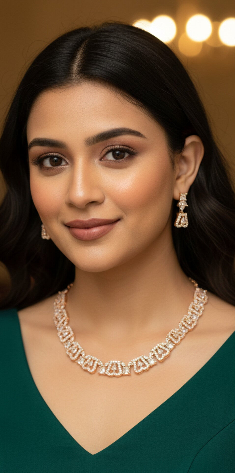 Rose Gold Necklace with white stones and Earring brass coated