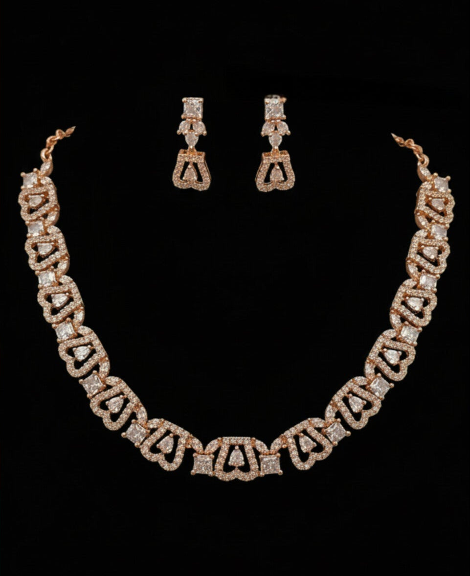 Rose Gold Necklace with white stones and Earring brass coated