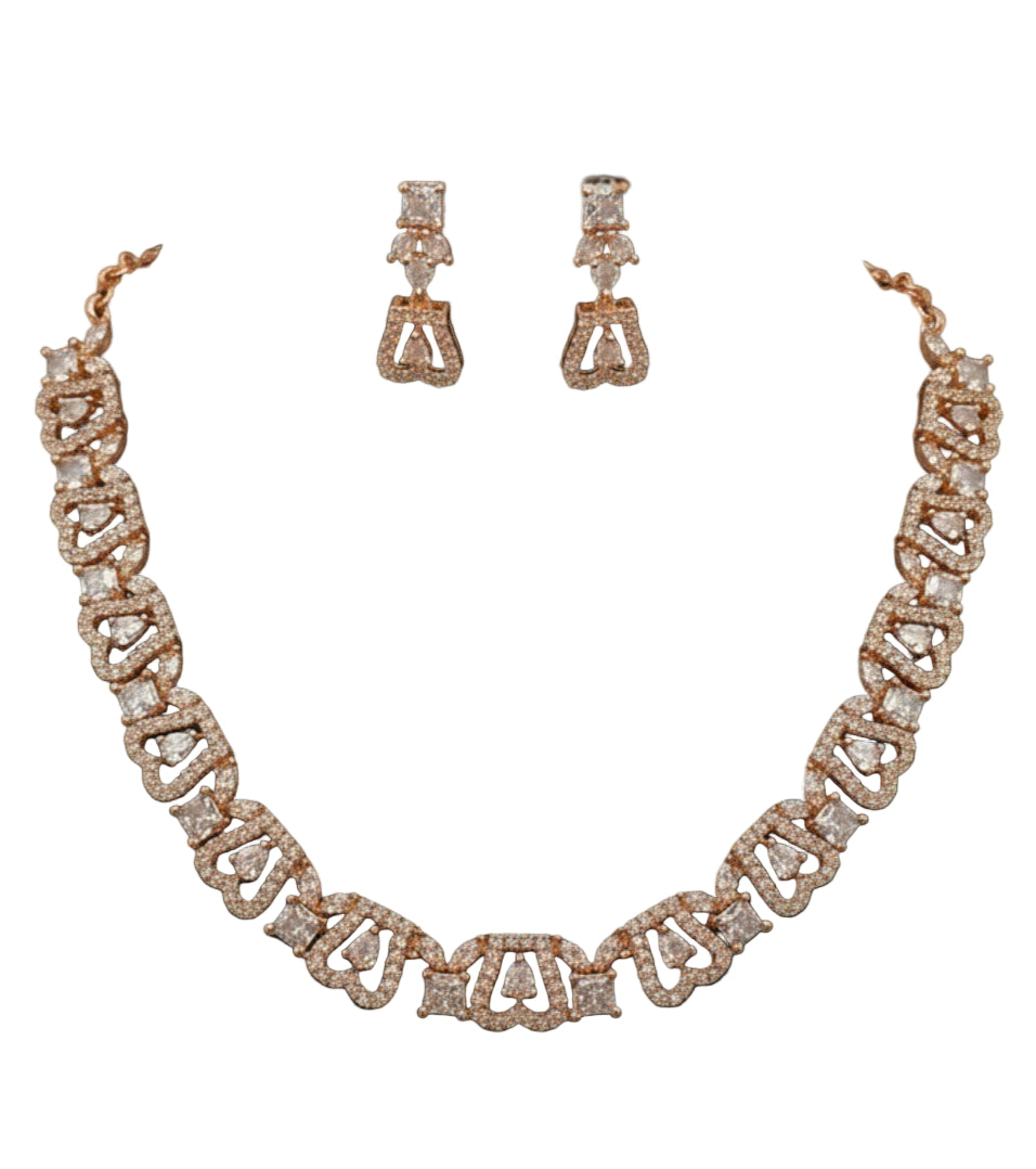 Rose Gold Necklace with white stones and Earring brass coated