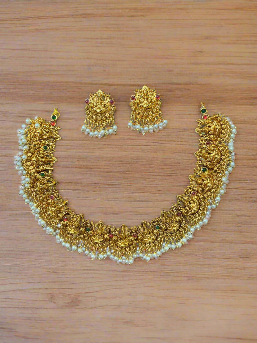 Gold plated Antique Temple Lakshmi Necklace with earings